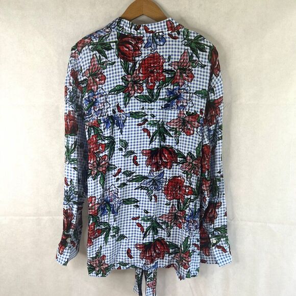 Massini Gingham Floral Boho Blouse Size Large Bold Cottage Core Whimsical - Picture 2 of 9